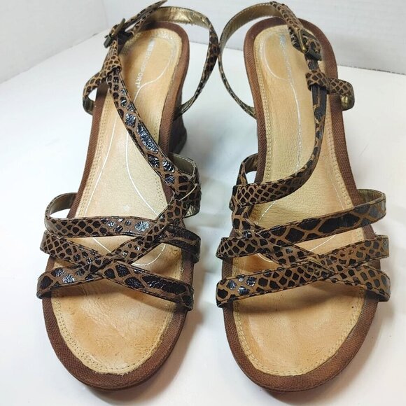 Rockport Shoes - ROCKPORT Snake Print Slip-On Strappy Wedge Sandals Summer Shoes Black Brown 9M